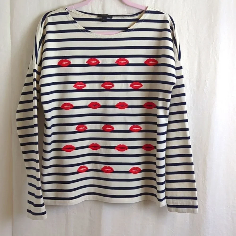 J Crew Top Size M Navy and White Stripe Embroidered Red Lips Kisses